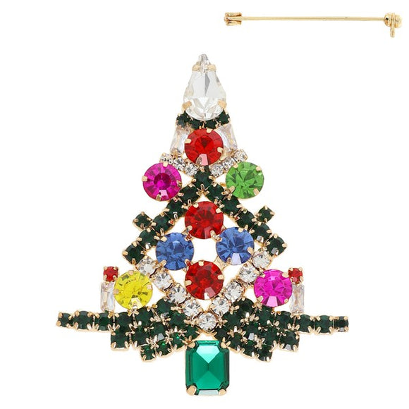 VINTAGE CHRISTMAS TREE CRYSTAL GEMSTONE BROOCH PIN - GOLD