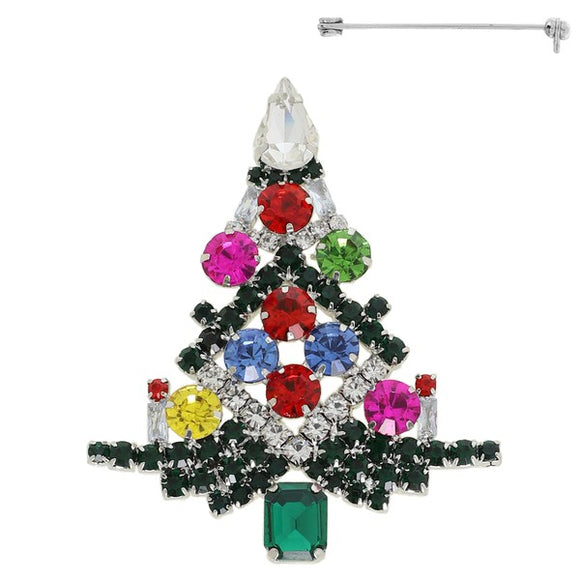 VINTAGE CHRISTMAS TREE CRYSTAL GEMSTONE BROOCH PIN - SILVER