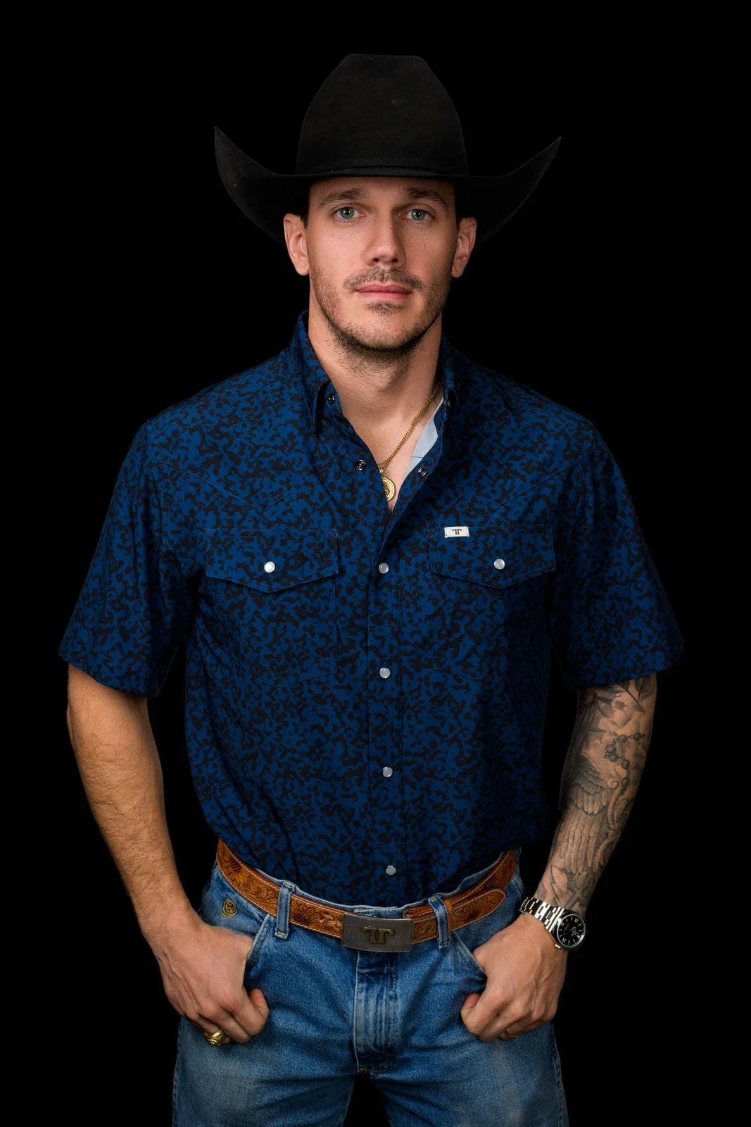 FERRELL MEN'S THE GRANT SHORT SLEEVE PEARL SNAP SHIRT IN BLUE