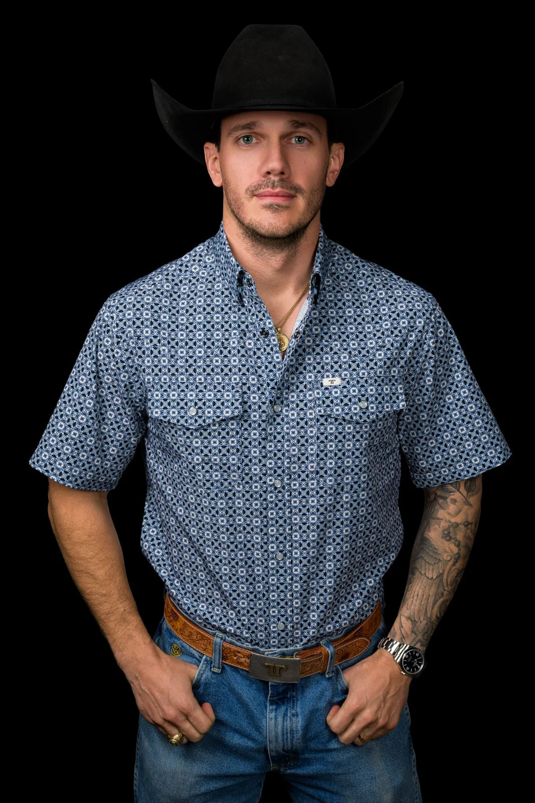 FERRELL MEN'S THE EMERSON SHORT SLEEVE PEARL SNAP SHIRT IN BLUE