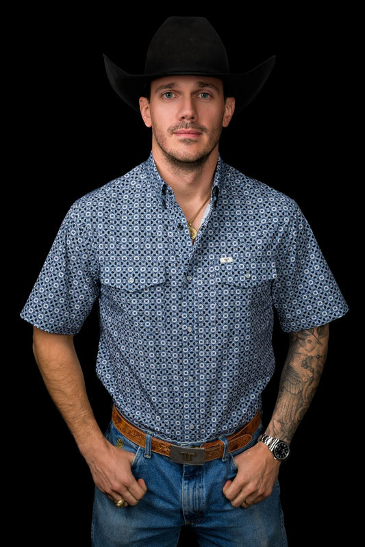 FERRELL MEN'S THE EMERSON SHORT SLEEVE PEARL SNAP SHIRT IN BLUE