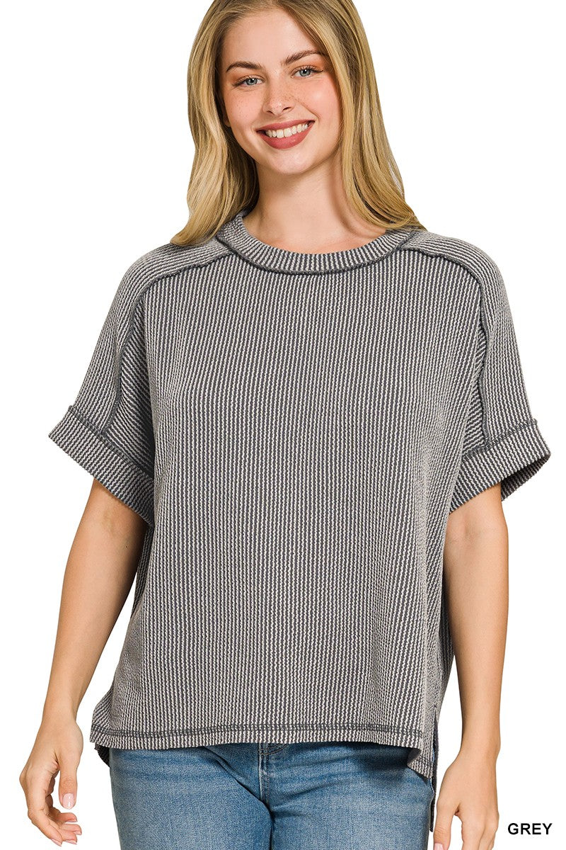 RAISED RIB CUFF SLEEVE RAW EDGE TOP - GREY