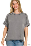 RAISED RIB CUFF SLEEVE RAW EDGE TOP - GREY
