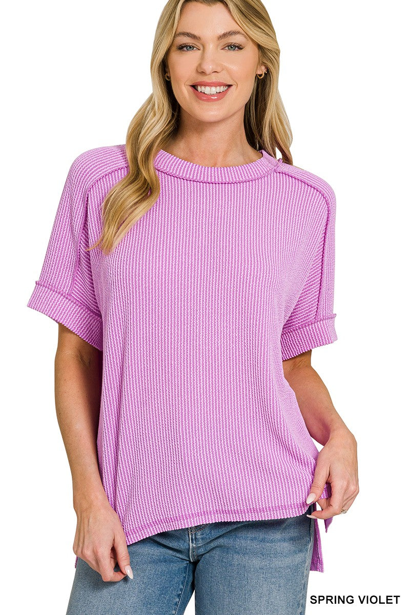 RAISED RIB CUFF SLEEVE RAW EDGE TOP - SPRING