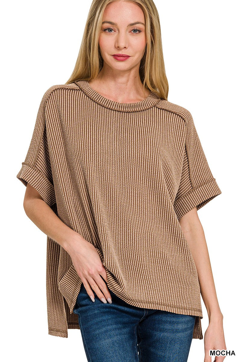 RAISED RIB CUFF SLEEVE RAW EDGE TOP - MOCHA