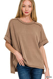 RAISED RIB CUFF SLEEVE RAW EDGE TOP - MOCHA