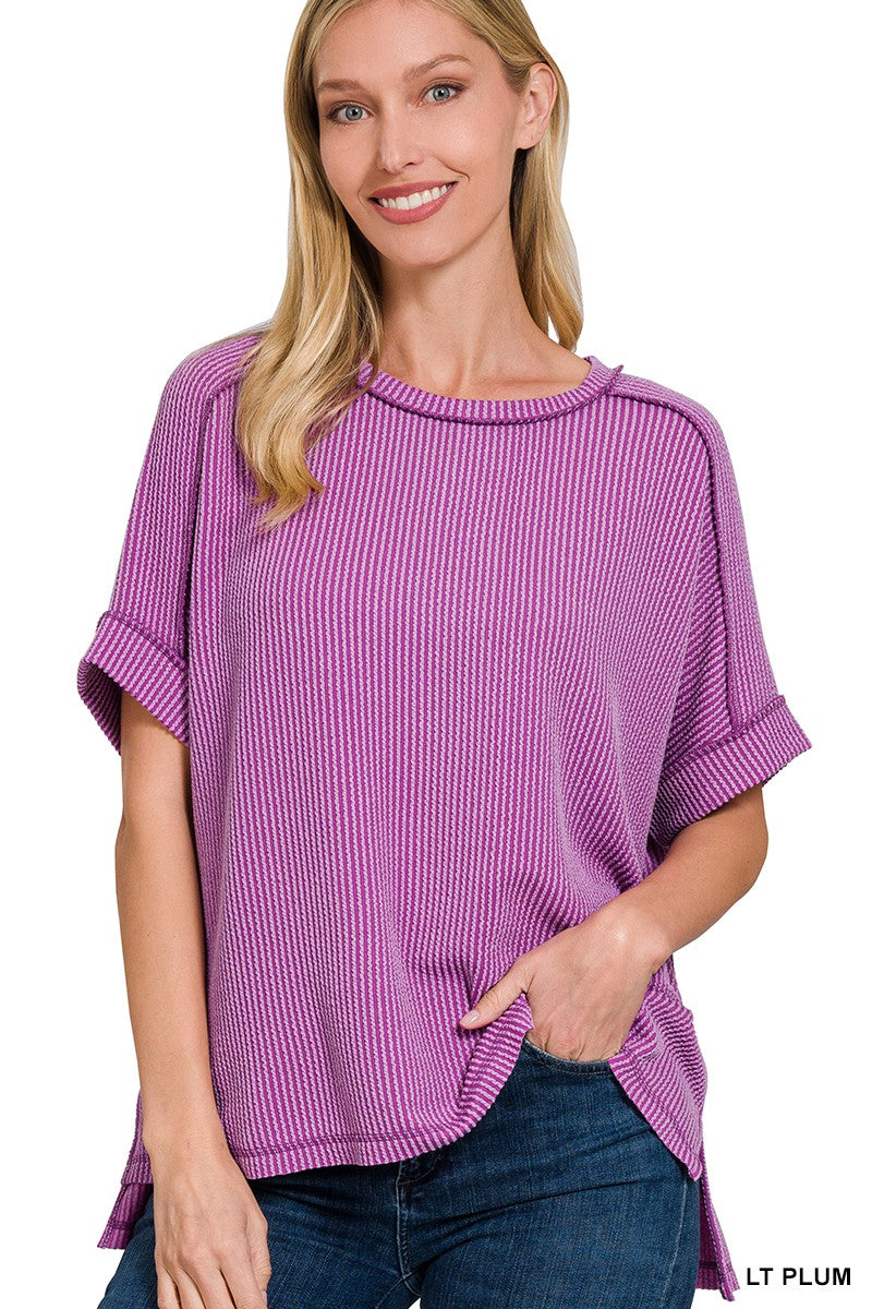 RAISED RIB CUFF SLEEVE RAW EDGE TOP - LIGHT PLUM