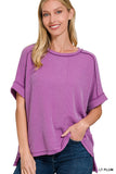RAISED RIB CUFF SLEEVE RAW EDGE TOP - LIGHT PLUM