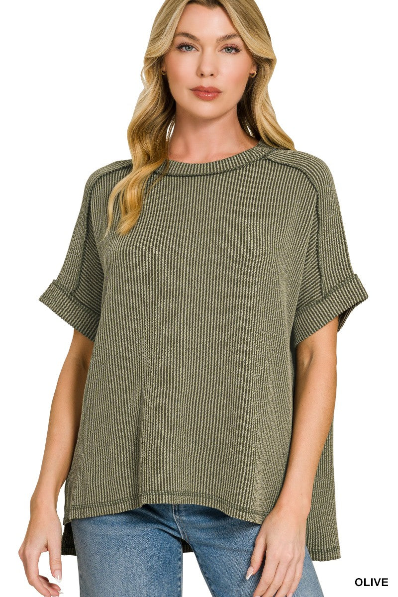 RAISED RIB CUFF SLEEVE RAW EDGE TOP - OLIVE