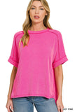 RAISED RIB CUFF SLEEVE RAW EDGE TOP - HOT PINK