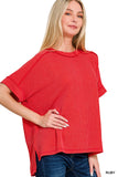 TEXTURED LINE SHORT CUFF SLEEVE RAW EDGE TOP - RUBY