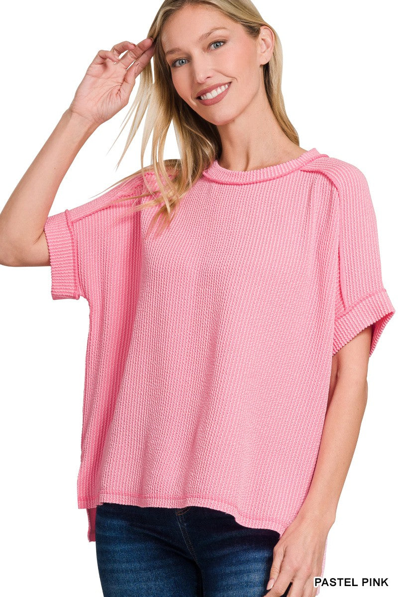 RAISED RIB CUFF SLEEVE RAW EDGE TOP - PASTEL PINK