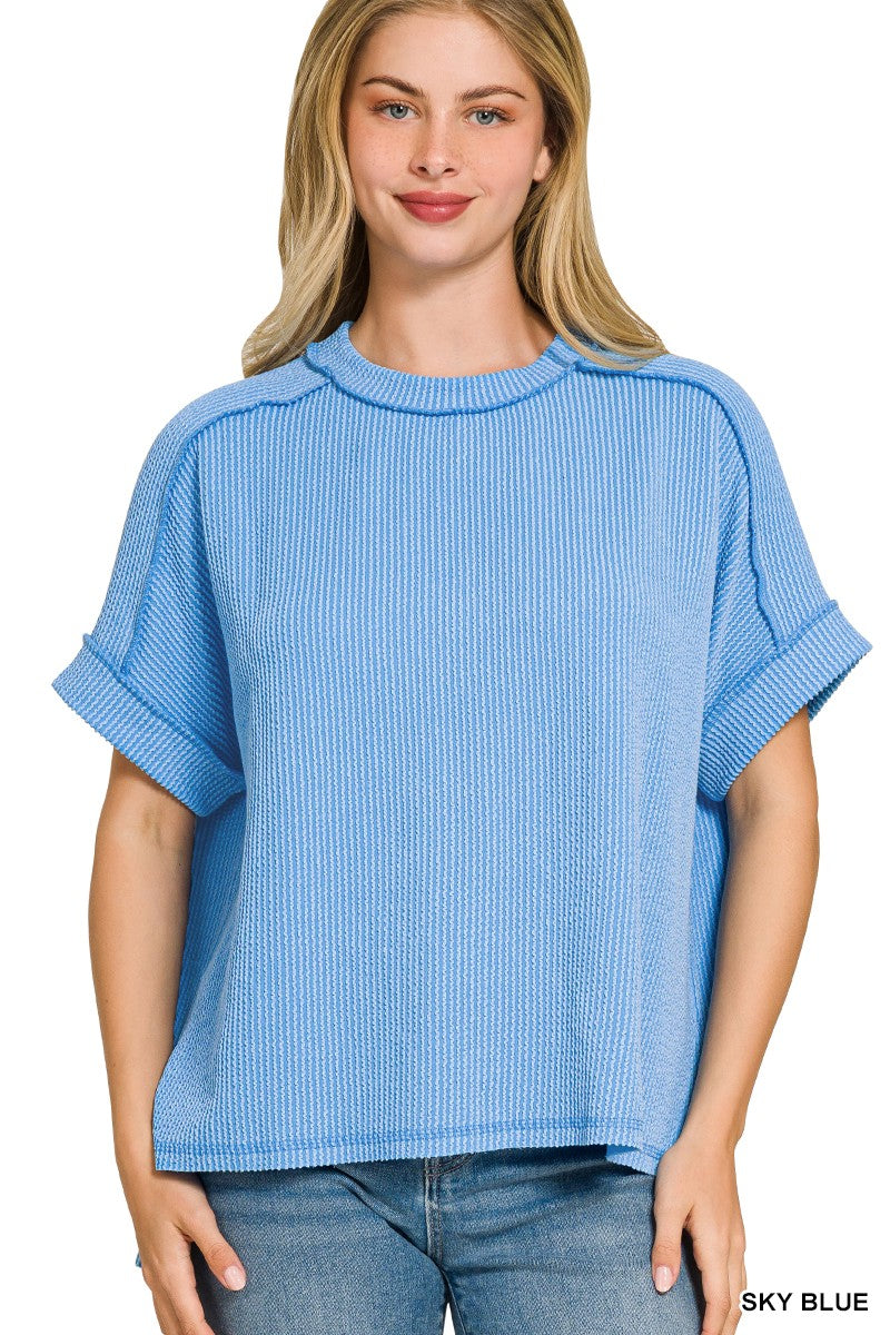 RAISED RIB CUFF SLEEVE RAW EDGE TOP - SKY BLUE