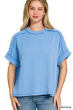 RAISED RIB CUFF SLEEVE RAW EDGE TOP - SKY BLUE