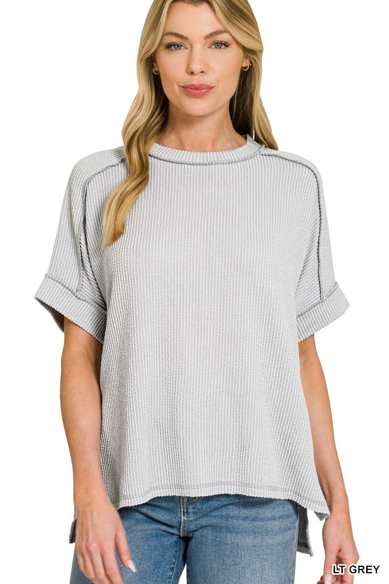 RAISED RIB CUFF SLEEVE RAW EDGE TOP - LIGHT GREY