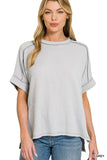 RAISED RIB CUFF SLEEVE RAW EDGE TOP - LIGHT GREY