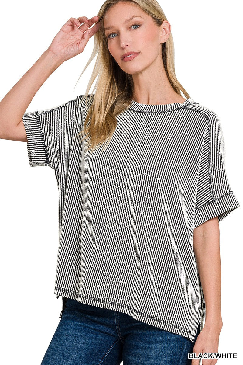 RAISED RIB CUFF SLEEVE RAW EDGE TOP - BLACK & WHITE