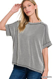RAISED RIB CUFF SLEEVE RAW EDGE TOP - BLACK & WHITE