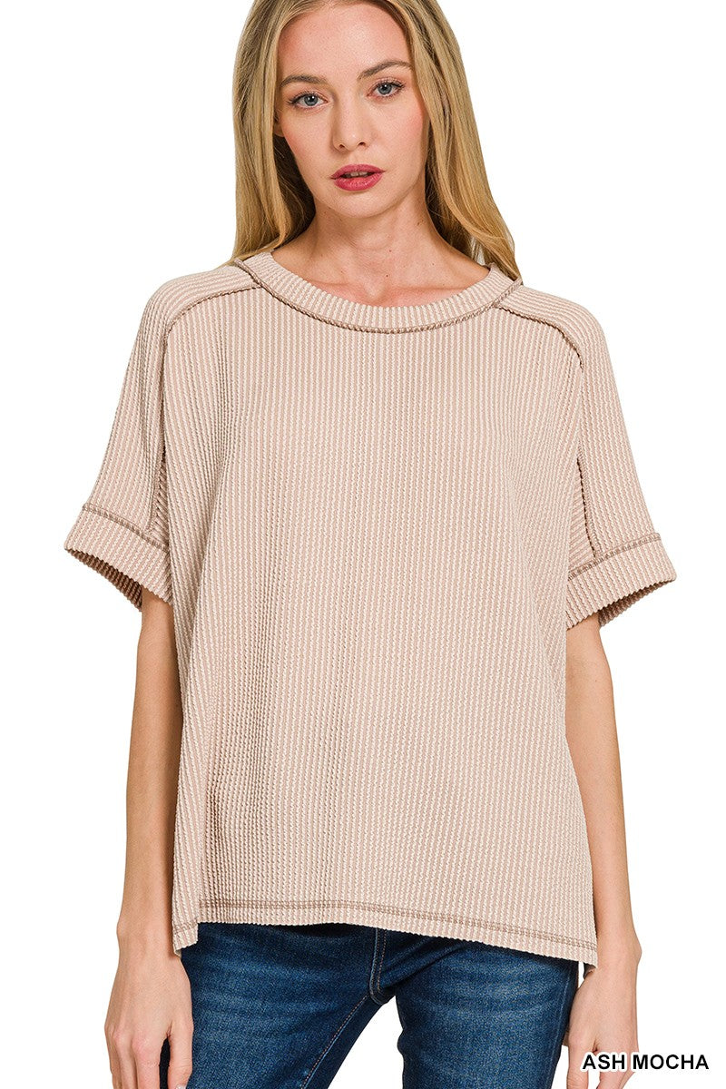 RAISED RIB CUFF SLEEVE RAW EDGE TOP - ASH MOCHA