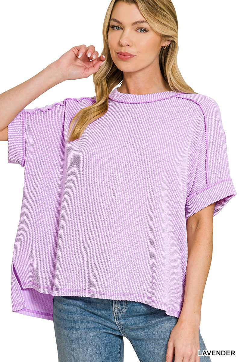 RAISED RIB CUFF SLEEVE RAW EDGE TOP - LAVENDER