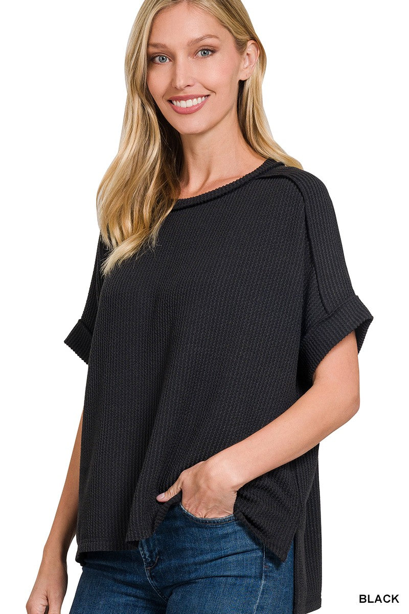 RAISED RIB CUFF SLEEVE RAW EDGE TOP - BLACK