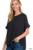 RAISED RIB CUFF SLEEVE RAW EDGE TOP - BLACK