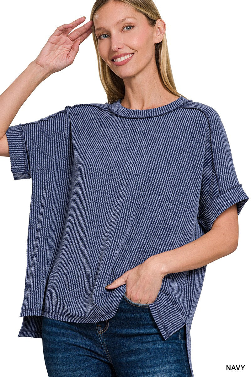 RAISED RIB CUFF SLEEVE RAW EDGE TOP - NAVY