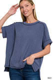 RAISED RIB CUFF SLEEVE RAW EDGE TOP - NAVY