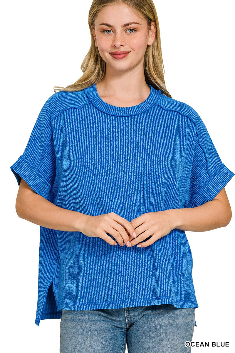 RAISED RIB CUFF SLEEVE RAW EDGE TOP - OCEAN BLUE