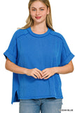 RAISED RIB CUFF SLEEVE RAW EDGE TOP - OCEAN BLUE