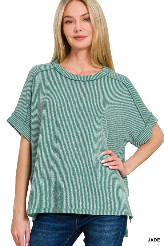 RAISED RIB CUFF SLEEVE RAW EDGE TOP - JADE