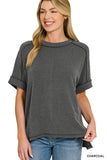 RAISED RIB CUFF SLEEVE RAW EDGE TOP - CHARCOAL