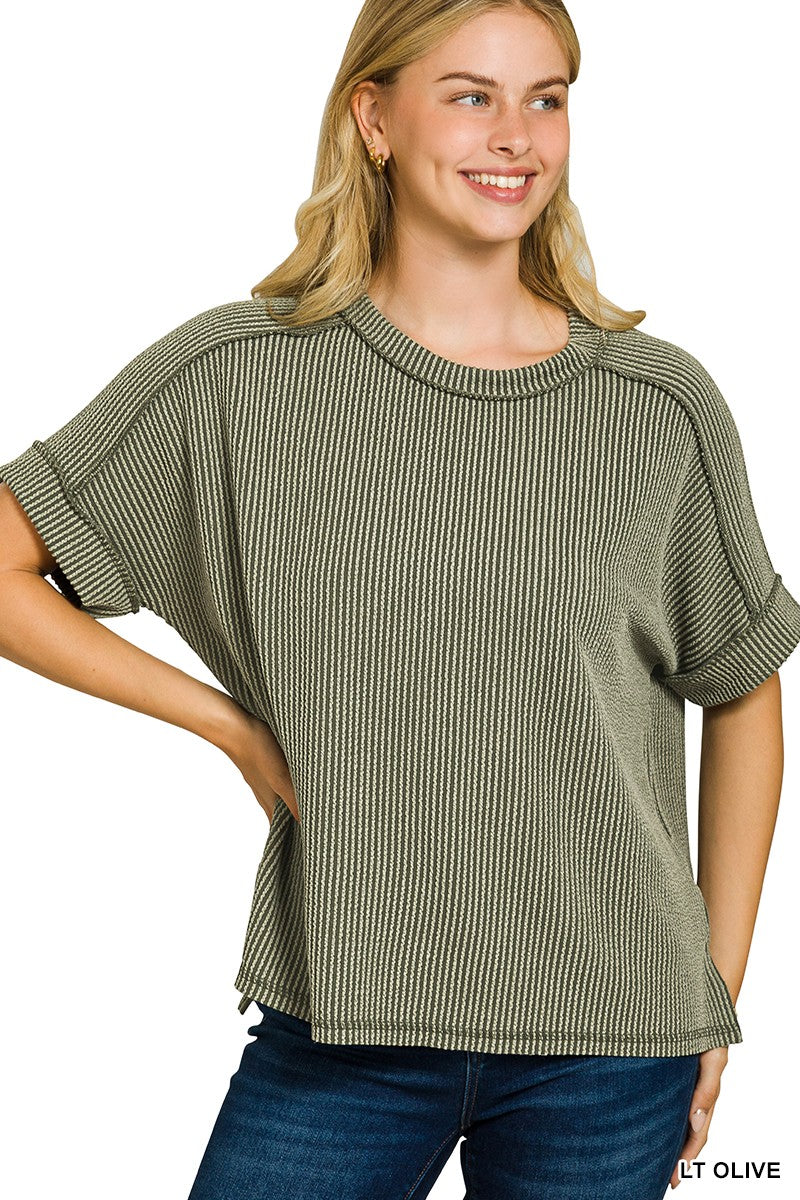 RAISED RIB CUFF SLEEVE RAW EDGE TOP - LIGHT OLIVE