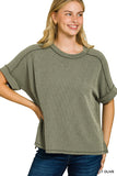 RAISED RIB CUFF SLEEVE RAW EDGE TOP - LIGHT OLIVE