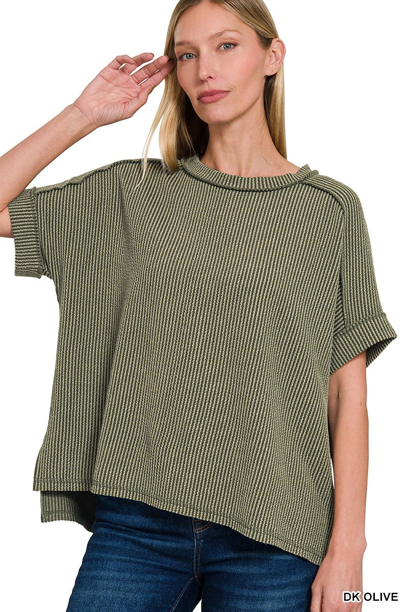 RAISED RIB CUFF SLEEVE RAW EDGE TOP - DARK OLIVE
