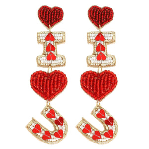 RED I LOVE U BEADED VALENTINE LETTER EARRINGS