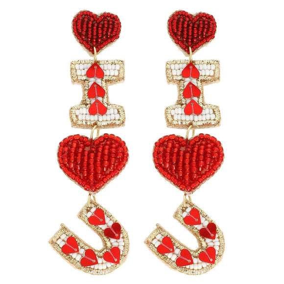 RED I LOVE U BEADED VALENTINE LETTER EARRINGS