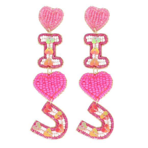 PINK I LOVE U BEADED VALENTINE LETTER EARRINGS