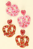 BROWN SPRINKLE COVERED PRETZEL BEADED VALENTINE EARRINGS