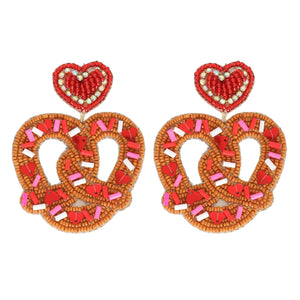 BROWN SPRINKLE COVERED PRETZEL BEADED VALENTINE EARRINGS