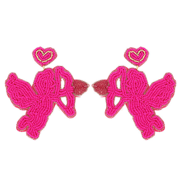 FUSCHIA CUPID VALENTINE'S DAY BEADED JEWELED EARRINGS