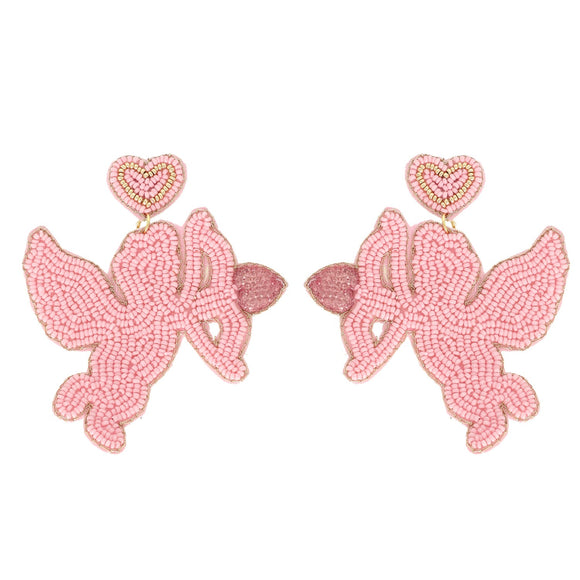 PINK CUPID VALENTINE'S DAY BEADED JEWELED EARRINGS