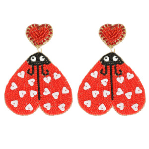 RED LOVE BUG VALENTINE'S DAY JEWELED BEADED EARRINGS