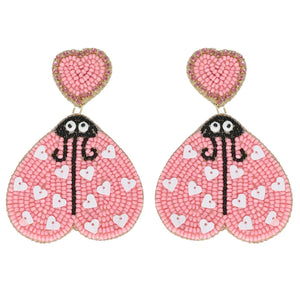 PINK LOVE BUG VALENTINE'S DAY JEWELED BEADED EARRINGS