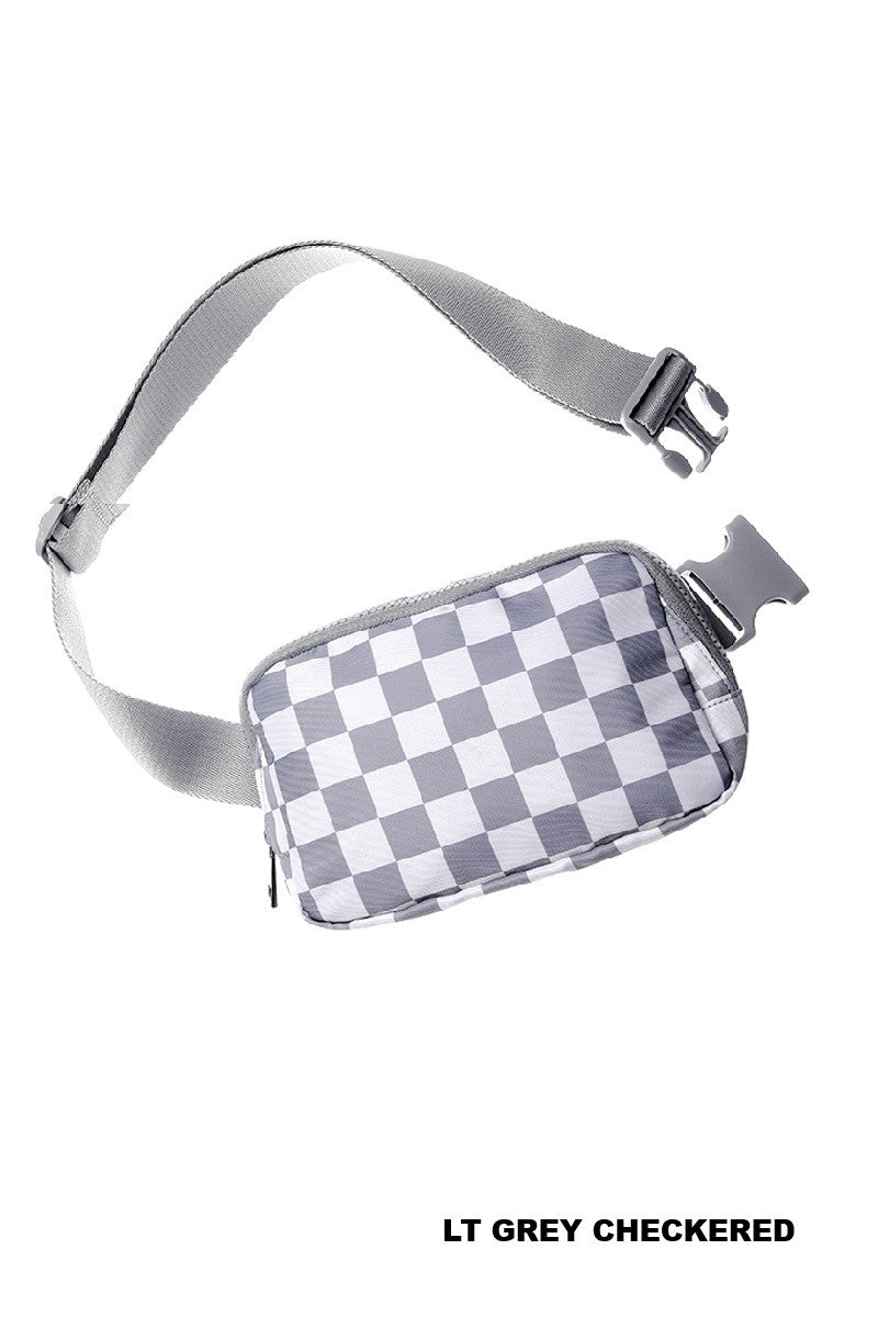 EVERYWHERE CROSS BODY FANNY PACK BELT BAG - LT GREY CHECKERED