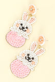 EASTER EGG WHITE RABBIT CRYSTAL RHINESTONE BEADED EMBROIDERY EARRINGS