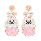 EASTER EGG WHITE RABBIT CRYSTAL RHINESTONE BEADED EMBROIDERY EARRINGS