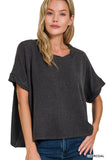 TEXTURED LINE SHORT TWISTED SLEEVE TOP - CHARCOAL