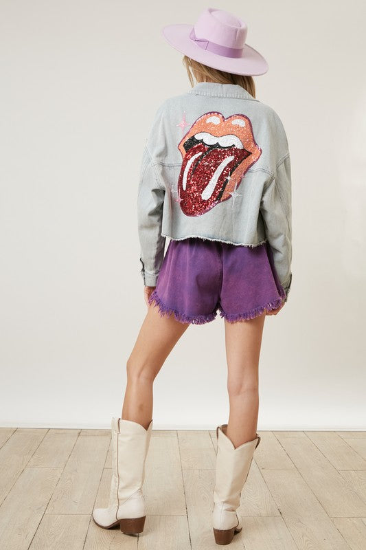 Rolling Stones Sequin Back Denim Crop Jacket - Denim