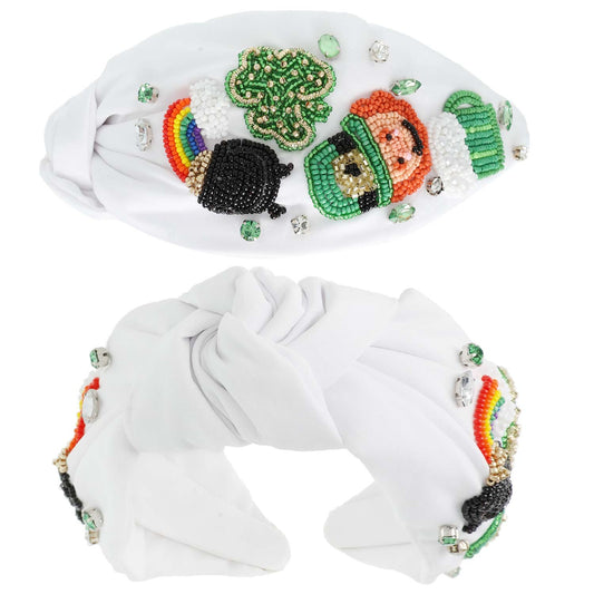 SAINT PATRICKS LEPRECHAUN KNOTTED BEADED HEADBAND - WHITE